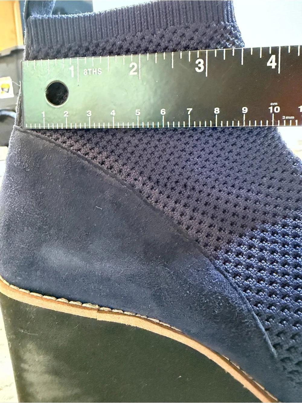 Eileen Fisher Navy Blue Sock Knit Wedge Booties 3” Rise Suede Overlays 7.5